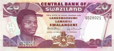 SWAZILAND █ bancnota █ 20 Emalangeni █ 1992 █ P-21b █ UNC █ necirculata foto