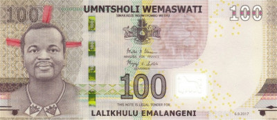 SWAZILAND █ bancnota █ 100 Emalangeni █ 2017 █ P-42 █ Serie AA █ POLYMER █ UNC foto