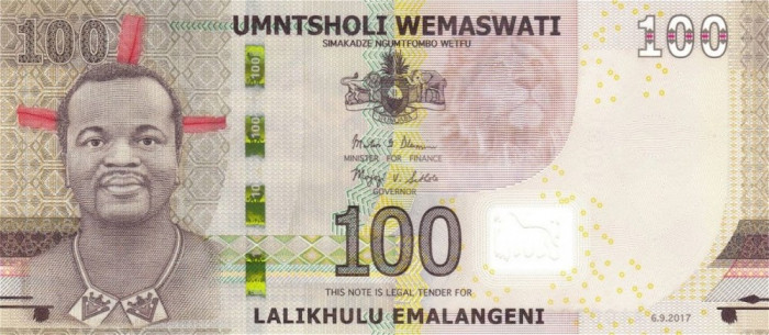 SWAZILAND █ bancnota █ 100 Emalangeni █ 2017 █ P-42 █ Serie AA █ POLYMER █ UNC