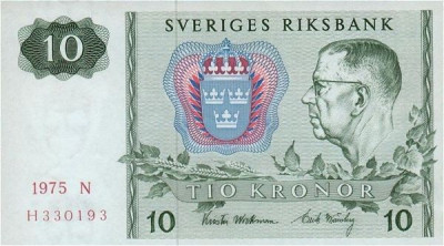 SUEDIA █ bancnota █ 10 Kronor █ 1975 █ P-52c █ UNC necirculata foto