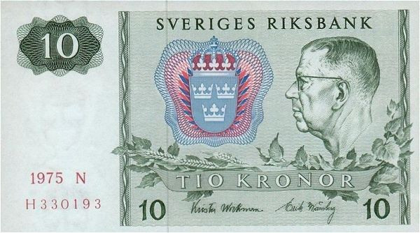 SUEDIA █ bancnota █ 10 Kronor █ 1975 █ P-52c █ UNC necirculata