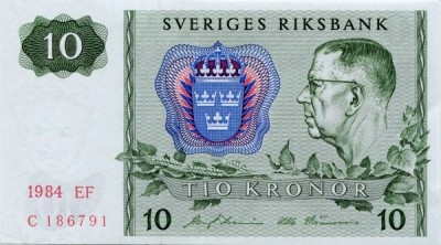 SUEDIA █ bancnota █ 10 Kronor █ 1984 █ P-52e █ UNC necirculata foto