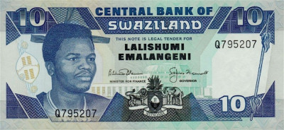 SWAZILAND █ bancnota █ 10 Emalangeni █ 1992 █ P-20b █ UNC █ necirculata foto