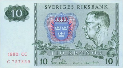 SUEDIA █ bancnota █ 10 Kronor █ 1980 █ P-52e █ UNC necirculata foto