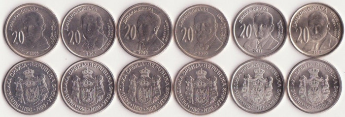 SERBIA █ SET COMPLET DE MONEDE COMEMORATIV █ 20 Dinara x 6 buc █ 2006-2012 █ UNC