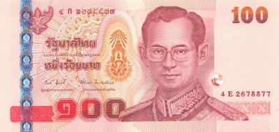 THAILANDA █ bancnota █ 100 Baht █ 2005 █ P-114 █ semnatura 82 █ UNC necirculata foto