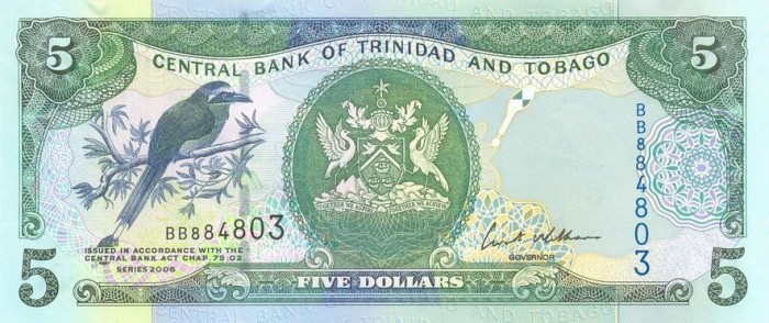 TRINIDAD SI TOBAGO █ bancnota █ 5 Dollars █ 2006 █ P-47a █ UNC █ necirculata