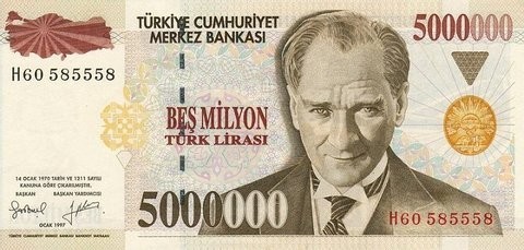 TURCIA █ bancnota █ 5.000.000 5000000 Lira █ 1997 █ P-210 █ UNC █ necirculata