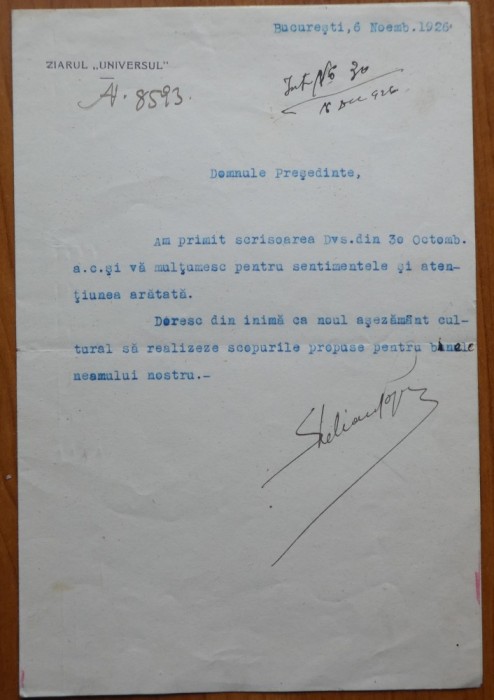 Document cu antetul ziarului Universul, semnat de Stelian Popescu, 1926