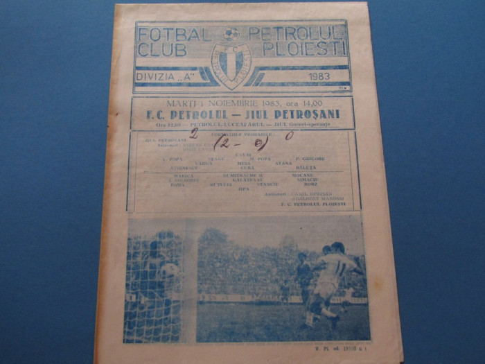 Program meci fotbal PETROLUL PLOIESTI - JIUL PETROSANI (01.11.1983)