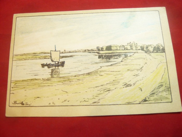 Ilustrata- grafica manuala - La tarmul marii ,semnata , interbelica