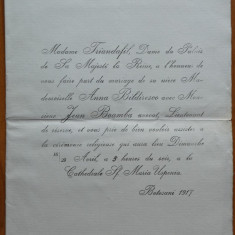 Invitatie de lux la nunta , familii din protipendada orasului Botosani , 1917 ,1