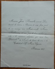 Invitatie de lux la nunta, familii din protipendada orasului Botosani, 1917