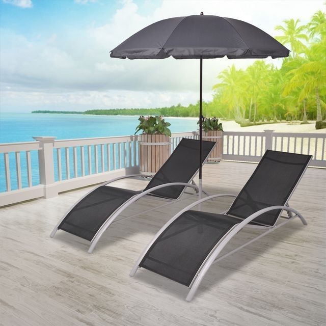 Set șezlonguri din aluminiu cu umbrelă 3 piese foto mare Set șezlonguri din aluminiu cu umbrelă 3 piese foto mare