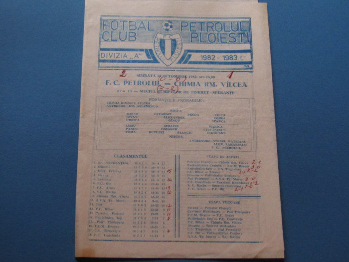 Program meci fotbal PETROLUL PLOIESTI - CHIMIA RM. VALCEA (16.10.1982)