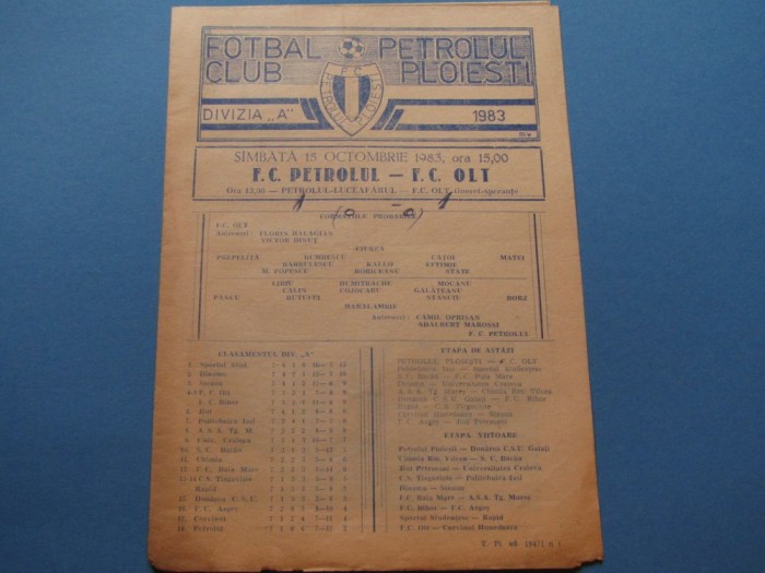 Program meci fotbal PETROLUL PLOIESTI - FC OLT (15.10.1983)