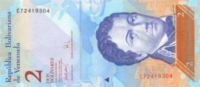 VENEZUELA █ bancnota █ 2 Bolivares █ 20.3. 2007 █ P-88a █ UNC foto