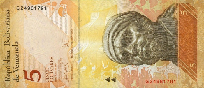 VENEZUELA █ bancnota █ 5 Bolivares █ 24.5. 2007 █ P-89b █ UNC