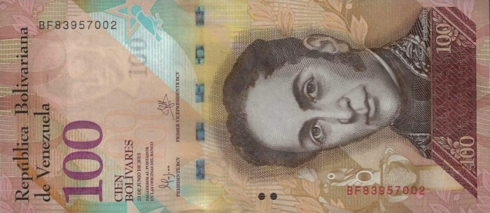 VENEZUELA █ bancnota █ 100 Bolivares █ 23.6. 2015 █ P-93i █ UNC