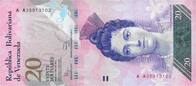 VENEZUELA █ bancnota █ 20 Bolivares █ 19.8. 2014 █ P-91g █ UNC foto