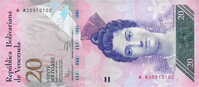 VENEZUELA █ bancnota █ 20 Bolivares █ 19.8. 2014 █ P-91g █ UNC