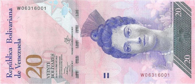 VENEZUELA █ bancnota █ 20 Bolivares █ 29.10. 2013 █ P-91f █ UNC foto