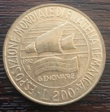 (M616) MONEDA ITALIA - 200 LIRE 1992, EXPOZITIA MONDIALA DE FILATELIE GENEVA &#039;92