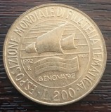 (M616) MONEDA ITALIA - 200 LIRE 1992, EXPOZITIA MONDIALA DE FILATELIE GENEVA &#039;92, Europa