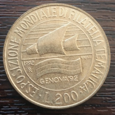 (M616) MONEDA ITALIA - 200 LIRE 1992, EXPOZITIA MONDIALA DE FILATELIE GENEVA '92