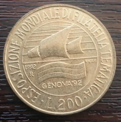 (M616) MONEDA ITALIA - 200 LIRE 1992, EXPOZITIA MONDIALA DE FILATELIE GENEVA &amp;#039;92 foto