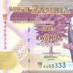 ZAMBIA █ bancnota █ 5 Kwacha █ 2012 █ P-50a █ UNC █ necirculata