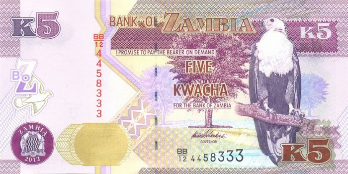 ZAMBIA █ bancnota █ 5 Kwacha █ 2012 █ P-50a █ UNC █ necirculata