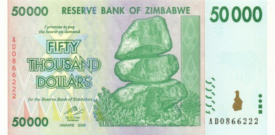 ZIMBABWE █ bancnota █ 50000 50.000 Dollars █ 2008 █ P-74 █ UNC █ necirculata foto