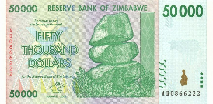 ZIMBABWE █ bancnota █ 50000 50.000 Dollars █ 2008 █ P-74 █ UNC █ necirculata