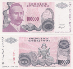 !!! BOSNIA , REPUBLICA SRPSKA - 100.000 DINARI 1993 - P 151 - UNC foto