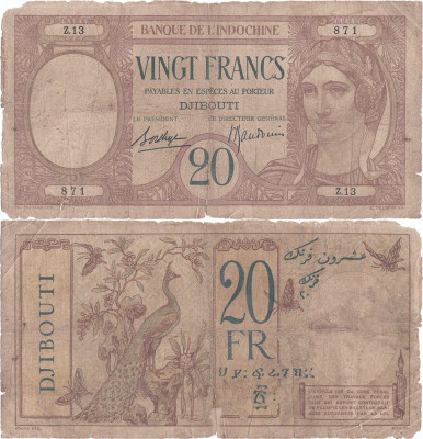 1926, 20 francs (P-7a.2) - Somalia Franceză (Djibouti)! foto