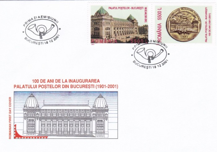 ROMANIA 2001 LP 1575 PALATUL POSTELOR FDC ROMANIA 2001 LP 1575 PALATUL POSTELOR FDC