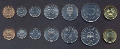 SUEDIA █ SET COMPLET DE MONEDE █ 5+10+25+50 &amp;Ouml;re +1+5+10 Kronor █ 1976-2001 █ UNC foto