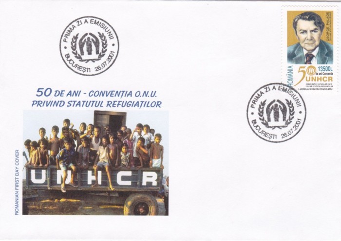 ROMANIA 2001 LP 1554 - 50 ANI CONVENTIA ONU- REFUGIATI FDC foto mare ROMANIA 2001 LP 1554 - 50 ANI CONVENTIA ONU- REFUGIATI FDC foto mare