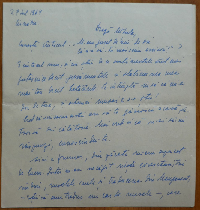 Scrisoare a scriitoarei Lucia Demetrius catre Mia Groza, fiica lui Petru Groza