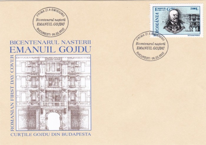 ROMANIA 2002 LP 1578 OAMENI DE SEAMA - EMANUIL GOJDU FDC ROMANIA 2002 LP 1578 OAMENI DE SEAMA - EMANUIL GOJDU FDC
