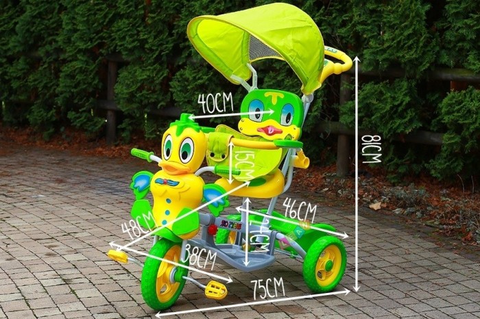 Tricicleta pentru copii cu efecte sonore, ratusca galben cu verde foto mare Tricicleta pentru copii cu efecte sonore, ratusca galben cu verde foto mare