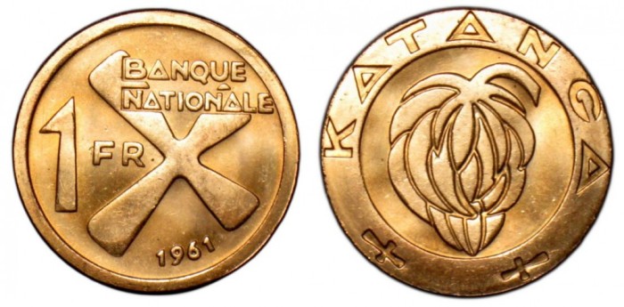 KATANGA █ MONEDE █ 1 Franc █ 1961 █ KM-1 █ UNC foto mare KATANGA █ MONEDE █ 1 Franc █ 1961 █ KM-1 █ UNC foto mare