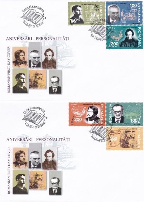 ROMANIA 2002 LP 1580 ANIVERSARI - PERSONALITATI FDC ROMANIA 2002 LP 1580 ANIVERSARI - PERSONALITATI FDC