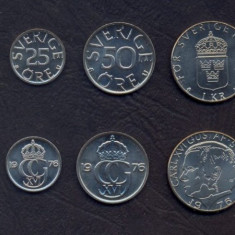 SUEDIA █ SET COMPLET DE MONEDE █ 5+10+25+50 Öre +1+5 Kronor █ 1976 █ UNC