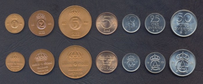 SUEDIA █ SET DE MONEDE █ 1+2+5+5+10+25+50 &Ouml;re █ 1971-1973 █ UNC