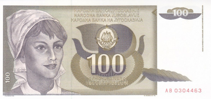 Bancnota Iugoslavia 100 Dinari 1991 - P108 UNC
