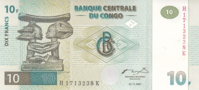 Bancnota Congo 10 Franci 1997 - P87B UNC foto