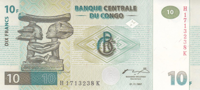 Bancnota Congo 10 Franci 1997 - P87B UNC