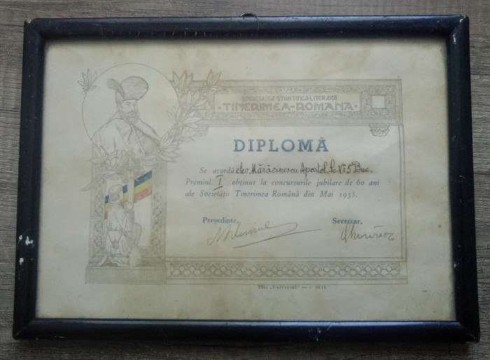 Diploma concursurile jubiliare ale Societatii Tinerimea Romana// 1938